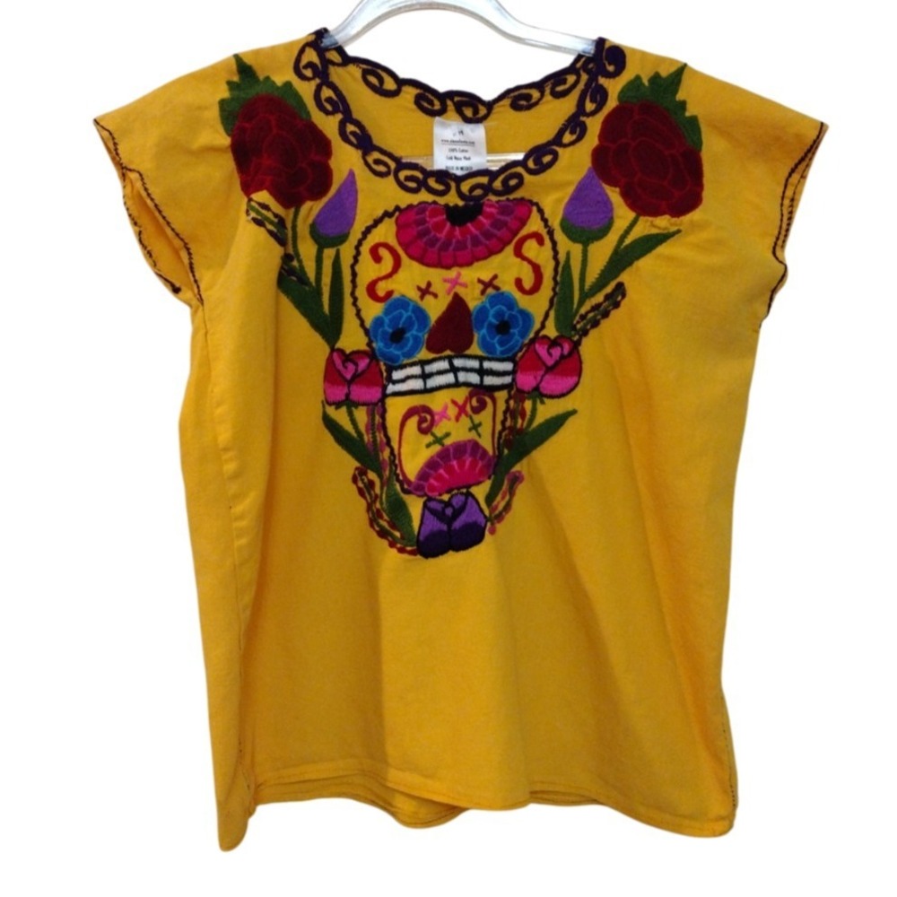 Mexican Blouse Women M Boho Huipil‎ Peasant Yellow Cotton Blouse Embroidered